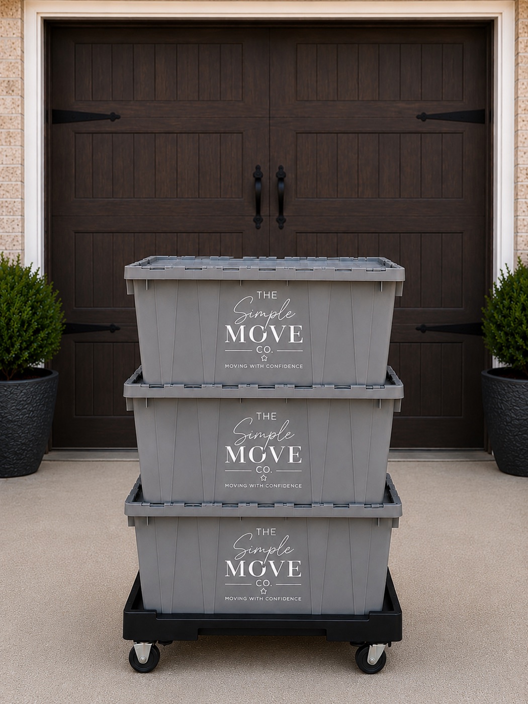 Stack of The Simple Move Co. reusable moving totes on a dolly at a home's front door